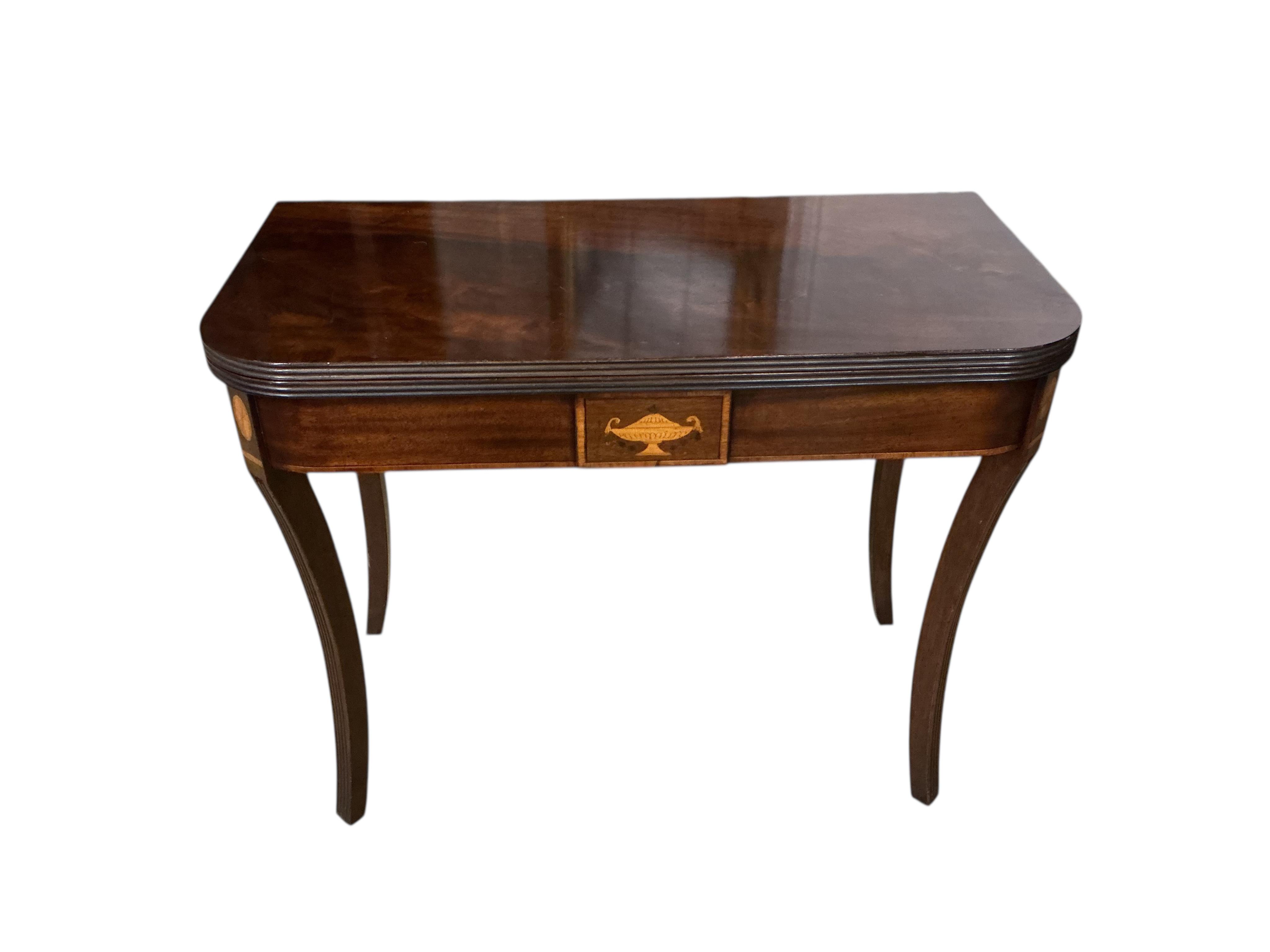 A George III style inlaid mahogany folding tea table, width 91cm, depth 44cm, height 72cm